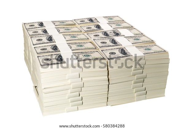 Stacks of one million US dollars in hundred dollar banknotes, isolated on white background, with clipping path.