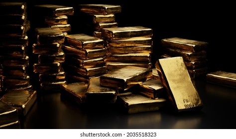 Stacks Of Pure Gold Bar On Dark Background. Represent Business And Finance Concept Idea. Close Up 3d Render Shot.