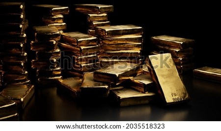 Stacks of pure gold bar on dark background. Represent business and finance concept idea. Close up 3d render shot.