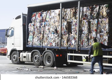 Stacks Of Recycled Paper In Lorry At Recycling Plant