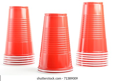 Stacks Of Red Plastic Drinking Cups