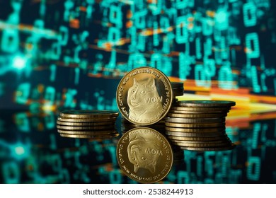 Stacks of shiny Dogecoin cryptocurrency placed in front of a vivid green and orange binary code digital background.
