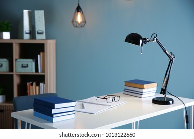 Stacks Of Textbooks On Table In Student's Room. Preparing For Exam