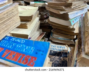 Stacks Of Worn-out Books For Sale At A Used Book Fair In Vietnam, May 2022