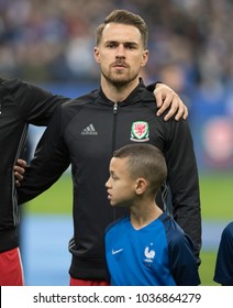 Stade De France, Paris, France - November 10, 2017: Arsenal Football Aaron Ramsey Lines Up For Wales And The National Anthem In Paris