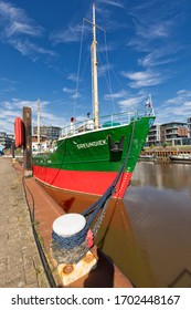 Stade, Germany – March 25, 2020.: Historic Coastal Trading Vessel GREUNDIEK Moored At The City Harbor Of Stade, Lower Saxony, Germany