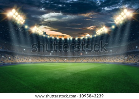 Stadium in the lights and flashes, football field. Concept sports background, football, night stadium. Mixed media, copy space.
