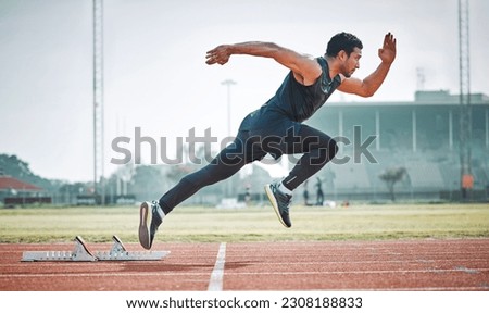 Stadium, man running and athlete on a runner and arena track for sprint race training. Fast, run and sports exercise of a male person in marathon for fitness and workout outdoor on a field for health