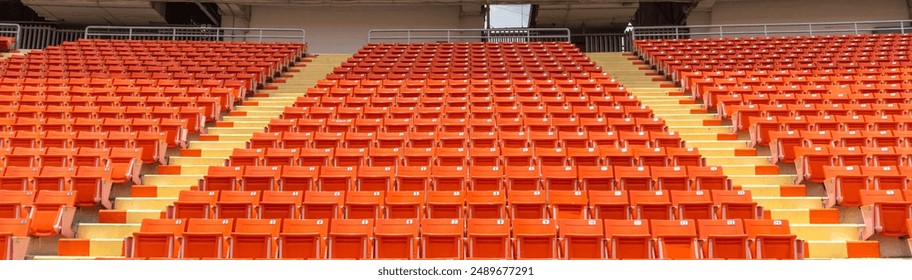 Stadium seat rows, sports background in arena for football or soccer game, public theatre, concert hall amphitheater with empty spectator audience chairs for outdoor sporty recreation - Powered by Shutterstock