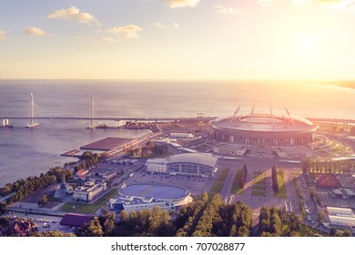 Stadium Zenit Arena, St. Petersburg At Sunset, Top View