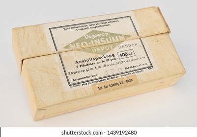 Stadthagen, Germany - June 29, 2019: Historic packaging for insulin vials from 1945 with the inscription: Degewop, Neo Insulin Depot, hospital pack, Schering AG, Berlin