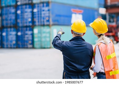 Staff Director Logistic Shipping Worker Teamwork Working In Shipping Cargo Containers For Export And Import Goods Engineer People Work At Port Yard.