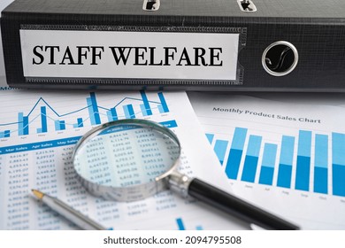 Staff Welfare. Binder Data Finance Report Business With Graph Analysis In Office.