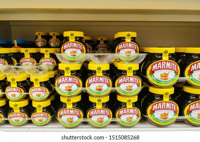 Stafford, Staffordshire / United Kingdom - September 26 2019: Marmite Spread Teast Extract On The Sainsbury's Supermarket Shelves.