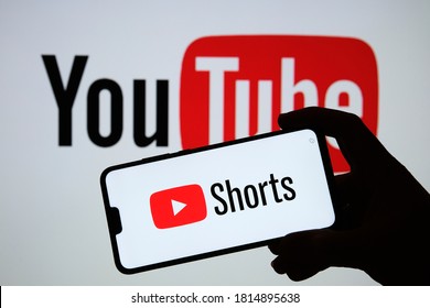 Stafford / UK - September 14 2020: Youtube Shorts App Logo Seen On The Silhouette Of Smartphone In A Hand. It Is A New Short Looping Video Platform. Real Photo, No Edit In Post.