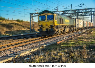 Staffordshire, England - 28/11/2019: Class 66 On The West Coast Main Line Pulling Rail Freight