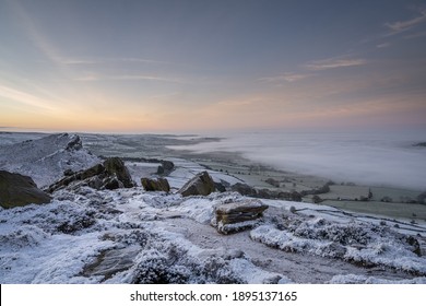 Staffordshire, England Landscape. Sunrise Temperature Inversion At The Roaches During Winter In The Peak District National Park, UK.