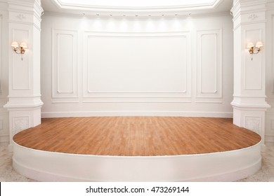 Stage Of Auditorium With Wooden Floor.