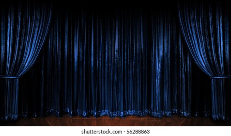 Stage Blue Sparkling Curtains Over Wooden Floor