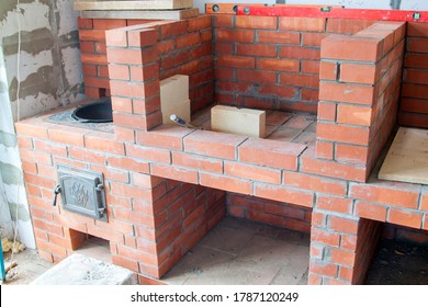 Stage Of Construction Of Barbecue Area In Gazebo Under Roof Of Main Country House