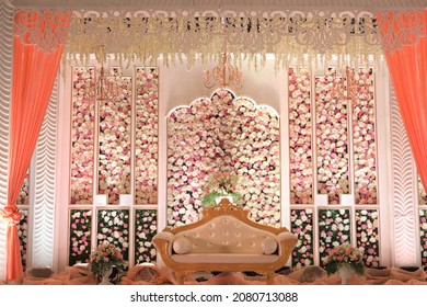 stage decoration with flowers an Indian traditional wedding setup