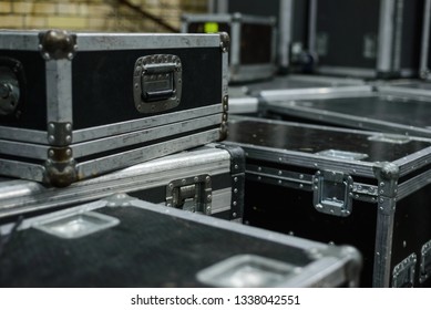 Stage Equipment Behind The Scenes. Concert Activity. Cases For Transportation Of Equipment. Boxes On The Wheels.