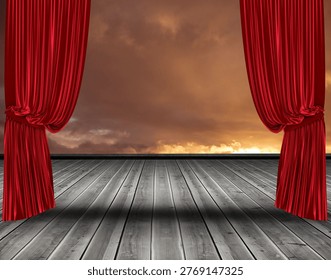 Stage floor and cloudy backdrop are being revealed in flat-design stage with red velvet curtains. Theatre, drama, performance, stagecraft, scenic, interior, entertainment