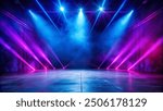 A stage illuminated with vibrant purple and blue lights, creating a dynamic and energetic atmosphere for the performance