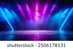 A stage illuminated with vibrant purple and blue lights, creating a dynamic and energetic atmosphere for the performance