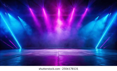 A stage illuminated with vibrant purple and blue lights, creating a dynamic and energetic atmosphere for the performance