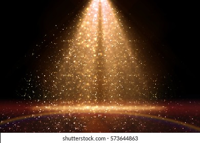 Stage light and golden glitter lights on floor. Abstract gold background for display your product. Spotlight realistic ray.