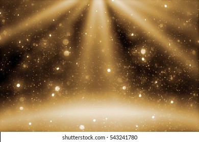 Stage Light And Goldenr Glitter Lights On Floor. Abstract Christmas Golden  Festive Background For Display Your Product. Spotlight Realistic Ray