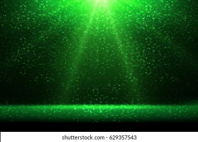Stage light projector and green glitter lights on floor. Abstract scene background for display your product. Spotlight realistic ray.