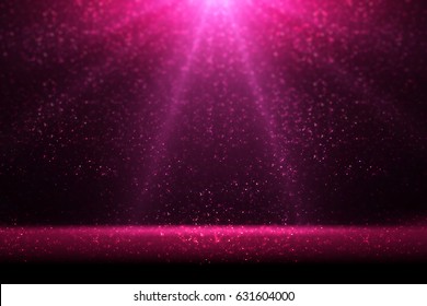 Stage Light Projector And Pink Glitter Lights On Floor. Abstract Cold Background For Display Your Product. Spotlight Realistic Ray.