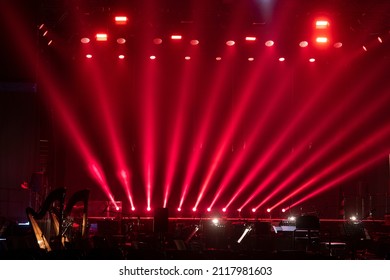 Stage Lighting In The Theater And At The Concert. Lighting Equipment On An Empty Stage.