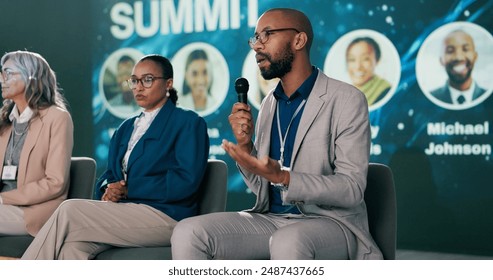 Stage, man and presenter at conference as event host, panel discussion and guest with microphone. Summit, motivational speaker and person with speech at seminar for business workshop at auditorium - Powered by Shutterstock