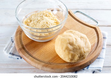 Stage of preparing shortcrust pastry. Batter making fast and easy. Ingredients for shortcrust pastry - Shutterstock ID 2044210082
