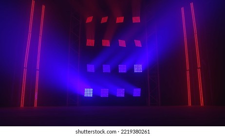 Stage Red And Blue Lights Shine On A Dark Disco. Beams Of Spotlights And Spot Lights Illuminating An Empty Smoky Stage In Nightclub. Lighting Equipment. Light Effects.