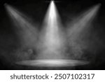 Stage white smoke spotlight background. Empty space of Studio dark room concrete floor grunge texture background with spot lighting and fog or mist in background.