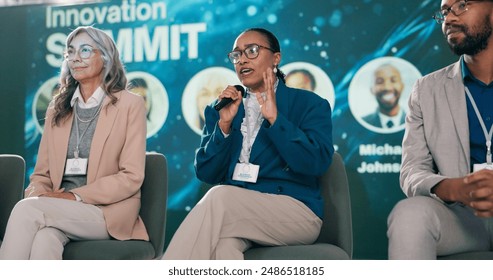 Stage, woman and presenter at seminar as event host, panel discussion or guest with microphone. Summit, public speaking and person with speech at conference for innovation in technology at workshop - Powered by Shutterstock