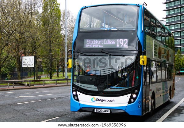 A\
Stagecoach Manchester bus passes the Central Manchester sign on the\
6th May 2021. The company will face an uncertain future in Greater\
Manchester if Mayor Andy Burnham wins local\
elections.