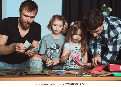    Staged photo  Homosexual couple   their children  two cute girls  at home                              