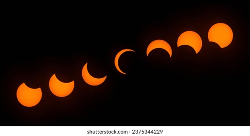 Stages of Partial Solar Eclipse, with the maximum magnitude of 86 percent. Observed in Dallas, Texas on October 14, 2023.