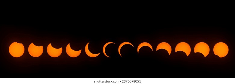 Stages of Partial Solar Eclipse, with the peak magnitude of 86 percent. Observed in Dallas, Texas on October 14, 2023.