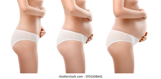 Stages of pregnancy. several photos of a girl in underwear with different belly sizes, side view on a white isolated background.