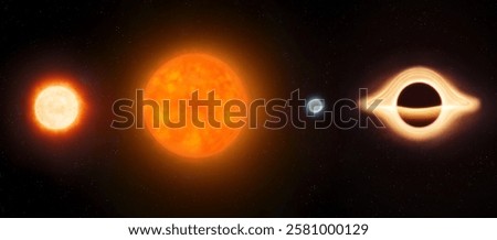 Stages of star evolution from protostar to black hole. Young star, red supergiant, white dwarf and black hole.