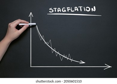 Stagflation Concept, Chalk Drawing Of A Downward Graph And The Word Stagflation, Stock Market Fall, GDP Fall, Economic Crisis