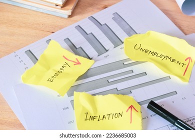 Stagflation concept. Related keywords on torn papers on office desk. 