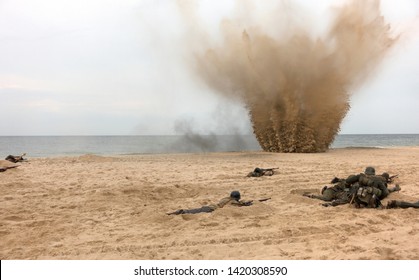 The Staging Of A Historic Battle. Bomb Blast, Hudge Explosion, Soldiers Shooting. World War, Battle At The Baltic Sea. Poland.