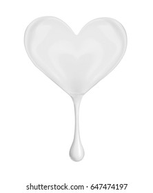 Stain Of Milk Or Cream In The Shape Of A Heart With Drop, Isolated On White Background